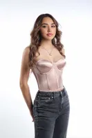 Saten Lycralı Crop Balenli Push Up Straplez Kadın Büstiyer Meriluu BT0018 Vizon