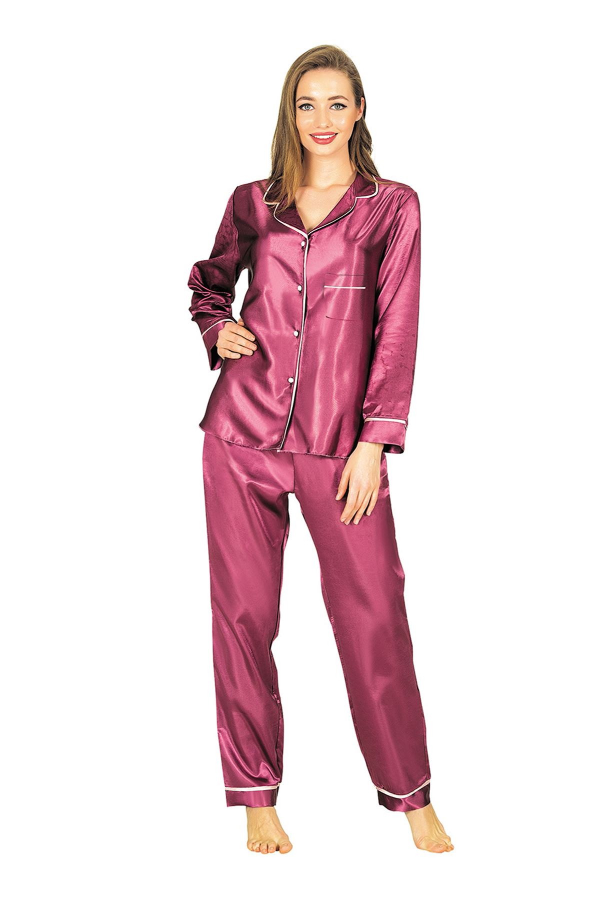 Mor Önden Düğmeli Saten Pijama Takım Sistina 1613