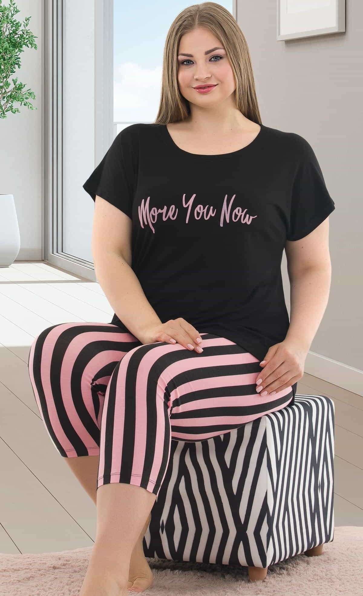 Siyah Büyük Beden Kapri Pijama Takım Lady 10587