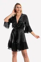 Saten Kısa Tüllü Sabahlık Belden Bağlamalı Klasik Kesim NBB 3100 Siyah görsel 6