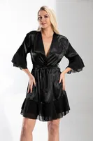 Saten Kısa Tüllü Sabahlık Belden Bağlamalı Klasik Kesim NBB 3100 Siyah görsel 7