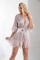 Saten Kısa Tüllü Sabahlık Belden Bağlamalı Klasik Kesim NBB 3100 Pudra görsel 4