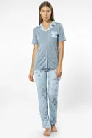 Gömlek Yaka Kısa Kollu Kadın Pijama Takımı Türen 3376 Mavi detay görünüm