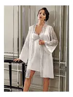 Güpürlü 2Li Saten Gecelik Sabahlık Çeyiz Seti Perin 4014 Ekru