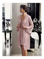 Güpürlü 2Li Saten Gecelik Sabahlık Çeyiz Seti Perin 4014 Pudra görsel 11