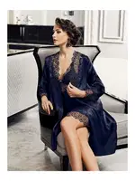 6Lı Güpürlü Saten Gelin Çeyiz Seti Perin 9600 Lacivert