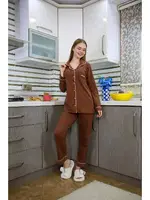 Gömlek Yaka Penye Uzun Kollu Pijama Takım Akbeniz 2773 Kahve detay görünüm