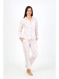 Akbeniz Çiçekli Gömlek Yaka Penye Uzun Kollu Kadın Pijama Takım Akbeniz 2776