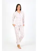 Çiçekli Gömlek Yaka Penye Uzun Kollu Kadın Pijama Takım Akbeniz 2776 Ekru