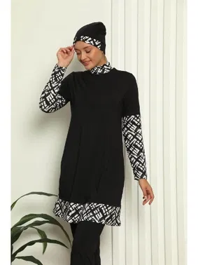 Akbeniz Siyah Beyaz Tam Tesettür Dijital Desenli Mayo 31039