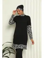 Siyah Beyaz Tam Tesettür Dijital Desenli Mayo 31039 Siyah