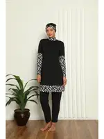 Siyah Beyaz Tam Tesettür Dijital Desenli Mayo 31039 Siyah detay görünüm