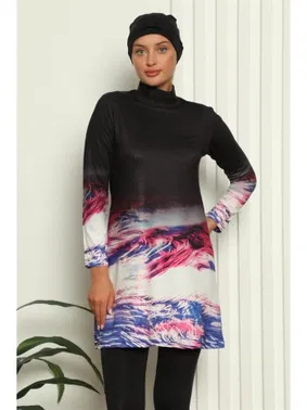 Akbeniz Taytlı Tam Tesettür Dijital Desenli Mayo 31042