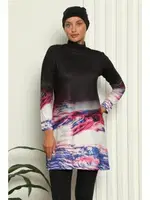 Taytlı Tam Tesettür Dijital Desenli Mayo 31042 Siyah