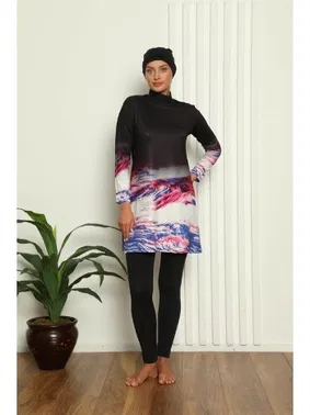 Akbeniz Taytlı Tam Tesettür Dijital Desenli Mayo 31042 - Alternatif Görünüm