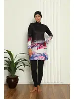Taytlı Tam Tesettür Dijital Desenli Mayo 31042 Siyah detay görünüm