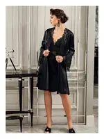 Altılı Saten Gelin Çeyiz Gecelik Sabahlık Takımı Perin 9300 Siyah görsel 9