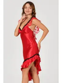 NBB Asimetrik Kesim Fırfırlı Dantelli Saten Gecelik Kırmızı NBB 3147 