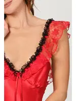 Asimetrik Kesim Fırfırlı Dantelli Saten Gecelik Kırmızı NBB 3147  Kırmızı detay görünüm