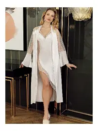 Perin Asimetrik Kesim Tüllü Saten Gecelik Sabahlık 2Li Çeyiz Seti Perin 4022