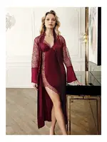 Asimetrik Kesim Tüllü Saten Gecelik Sabahlık 2Li Çeyiz Seti Perin 4022 Bordo görsel 4