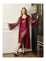 Asimetrik Kesim Tüllü Saten Gecelik Sabahlık 2Li Çeyiz Seti Perin 4022 Bordo görsel 5