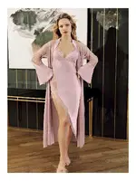 Asimetrik Kesim Tüllü Saten Gecelik Sabahlık 2Li Çeyiz Seti Perin 4022 Pudra görsel 10