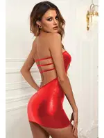 Askısız Straplez Dekolteli Kırmızı Fantezi Deri Mini Elbise Phevos 011-008046 Kırmızı detay görünüm