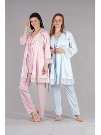 Bone Club Bone Çizgi Geçişli Dantel Sabahlıklı Lohusa Pijama Takımı 5401