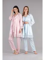 Bone Çizgi Geçişli Dantel Sabahlıklı Lohusa Pijama Takımı 5401