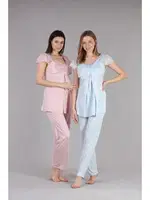 Bone Çizgi Geçişli Dantel Sabahlıklı Lohusa Pijama Takımı 5401 Mavi detay görünüm