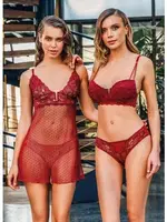 Büşra 1232 3lü Sütyen Takım Gecelik Bordo