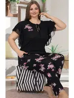 Büyük Beden Siyah Battal Pijama Takım Lady 10852 Siyah