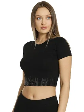 Dono Crop Fit Kısa Kollu Taşlı T-Shirt Dono 2212T