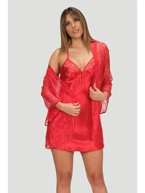 NBB Dantel Sabahlıklı 2Li Kırmızı Kısa Saten Gecelik Takımı NBB 3150 