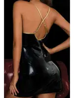 Dekolteli Bağcık Detaylı Fantezi Deri Elbise Phevos 011-008017 Siyah görsel 6