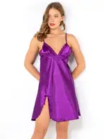 DoReMi Yırtmaçlı Dantel Detaylı Saten Gecelik Mor görsel 15