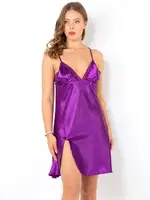 DoReMi Yırtmaçlı Dantel Detaylı Saten Gecelik Mor görsel 16