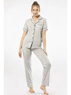 Türen Gri Kısa Kollu Gömlek Yaka Kadın Pijama Takımı Türen 3368