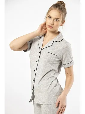 Türen Gri Kısa Kollu Gömlek Yaka Kadın Pijama Takımı Türen 3368 - Alternatif Görünüm