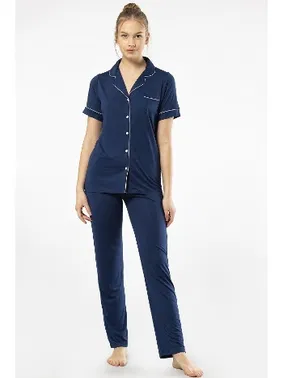 Türen Lacivert Kısa Kollu Gömlek Yaka Kadın Pijama Takımı Türen 3368