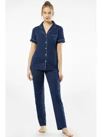 Türen Lacivert Kısa Kollu Gömlek Yaka Kadın Pijama Takımı Türen 3368