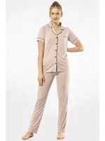 Kısa Kollu Gömlek Yaka Kadın Pijama Takımı Türen 3368 Pudra