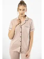 Kısa Kollu Gömlek Yaka Kadın Pijama Takımı Türen 3368 Pudra detay görünüm