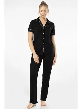 Türen Düğmeli Kısa Kollu Gömlek Yaka Kadın Pijama Takımı Türen 3368