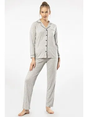 Türen Gri Gömlek Yaka Uzun Kollu Kadın Pijama Takım Türen 3365