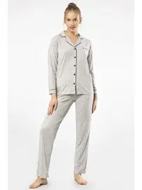 Türen Gri Gömlek Yaka Uzun Kollu Kadın Pijama Takım Türen 3365
