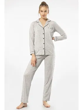 Türen Gri Gömlek Yaka Uzun Kollu Kadın Pijama Takım Türen 3365 - Alternatif Görünüm