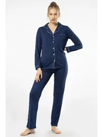 Türen Lacivert Düğmeli Gömlek Yaka Uzun Kollu Kadın Pijama Takım Türen Türen 3365