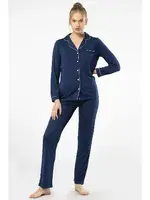 Lacivert Düğmeli Gömlek Yaka Uzun Kollu Kadın Pijama Takım Türen Türen 3365 Lacivert